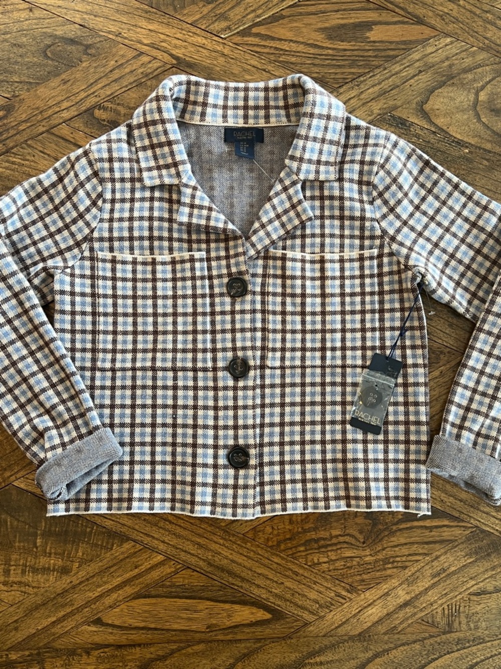 NEW RACHEL Rachel Roy Brown, Cream & Light Blue Plaid Knit Jacket, Cropped, Sz M